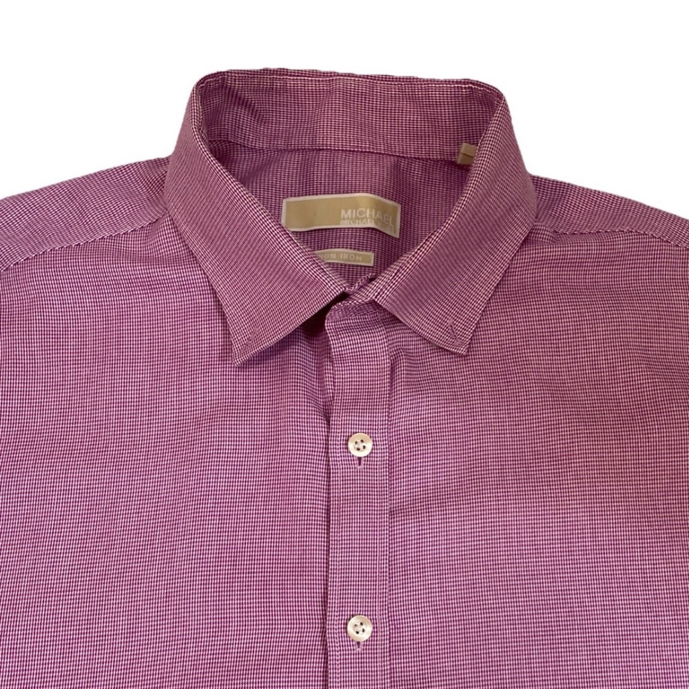 Michael Kors Mens Non Iron Red Pink  Plaid Button Down Shirt 34/35 Neck 17.5”